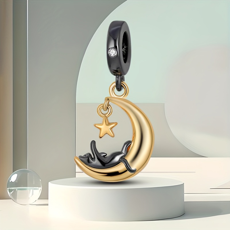 Cat Lying on The Golden Moon Pendant Charm for Jewelry Making